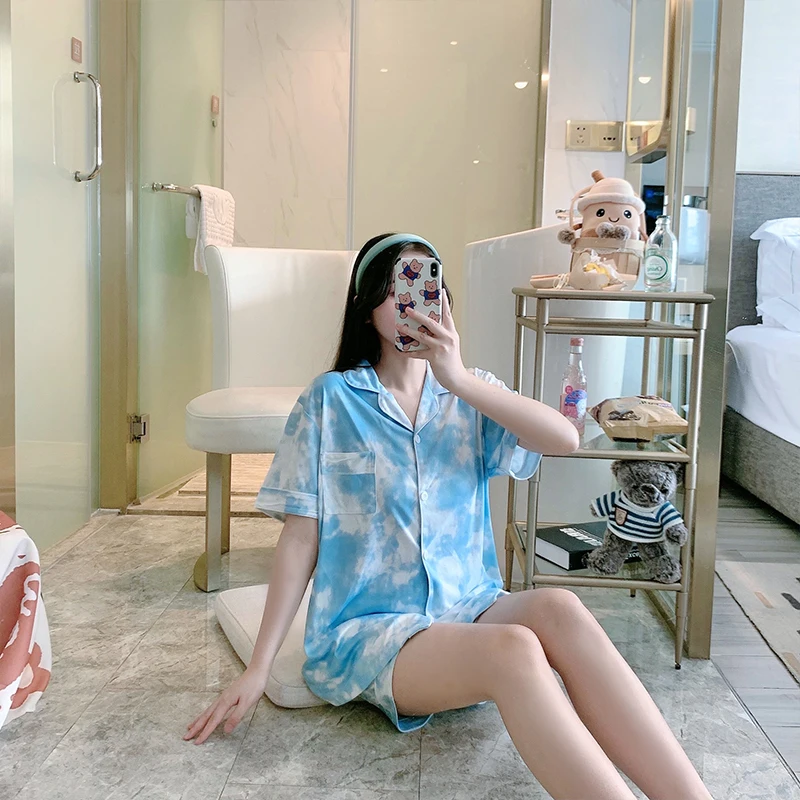 Summer Pajamas Women Cute Pyjamas Short-sleeve Lapel Cardigan Sweet Student Home Clothes Short Suit Blue Sky and White Clouds