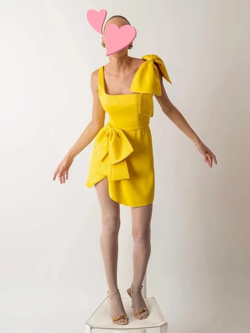 

Scoggins Dress Elegant Vintage Sexy Sweet Yellow Bow Short Cocktail Customize Formal Occasion Prom Dress Evening Party Gowns