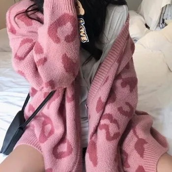 여성용 캐주얼 스웨터, 핑크 레오파드 V넥 긴팔 카디건, 루즈 코트, 풀 베테먼트, 여성 스웨터, 한국 패션, 봄