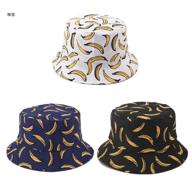 

X5QE Women Men Couples Bohemian Banana Print Bucket Hat Summer Reversible Packable Hi