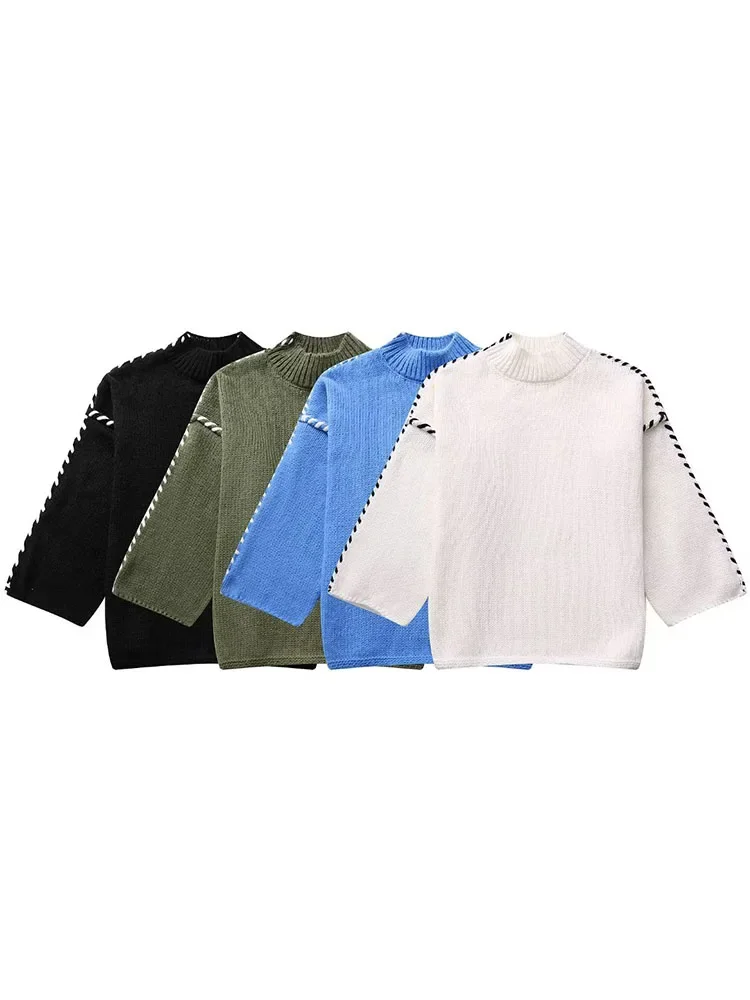 

Women 2023 Winter Fashion CONTRAST COLOR Casual Knitted Sweater Vintage High Neck Long Sleeve Female Pullovers Chic Tops