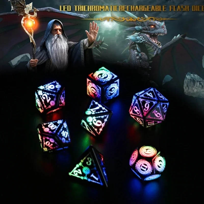 

7 Pcs Rechargeable LED Electronic Dices with Charging Box Glowing Polyhedral Dices Role Playing Table Game Dices