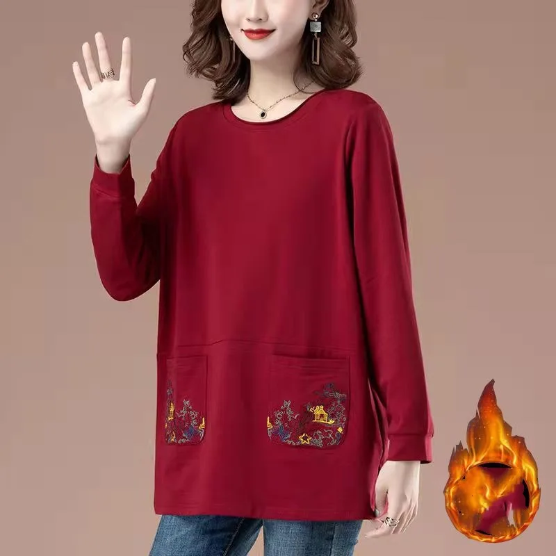 Women's Solid Color Round Neck Patchwork Pocket Embroiled Hoodies Spring Autumn Loose Long Sleeved Pullover Casual T-shirt Tops