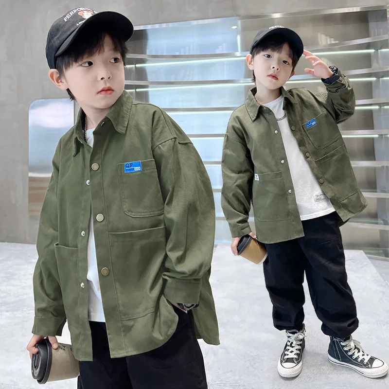 

Boys' Shirt Long Sleeve Wholesale Spring and Autumn New Fashion Brand Autumn Clothes Solid Color Medium and Big Children Boys' S