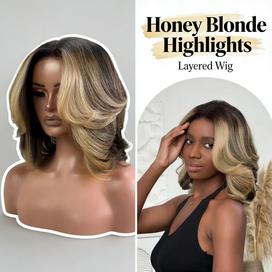 Blonde Highlight Layered Cut Bob 5X5 Lace Closure Wig Short Bob Wig Human Hair Colored Highlight Ombre Straight For Black Women 7