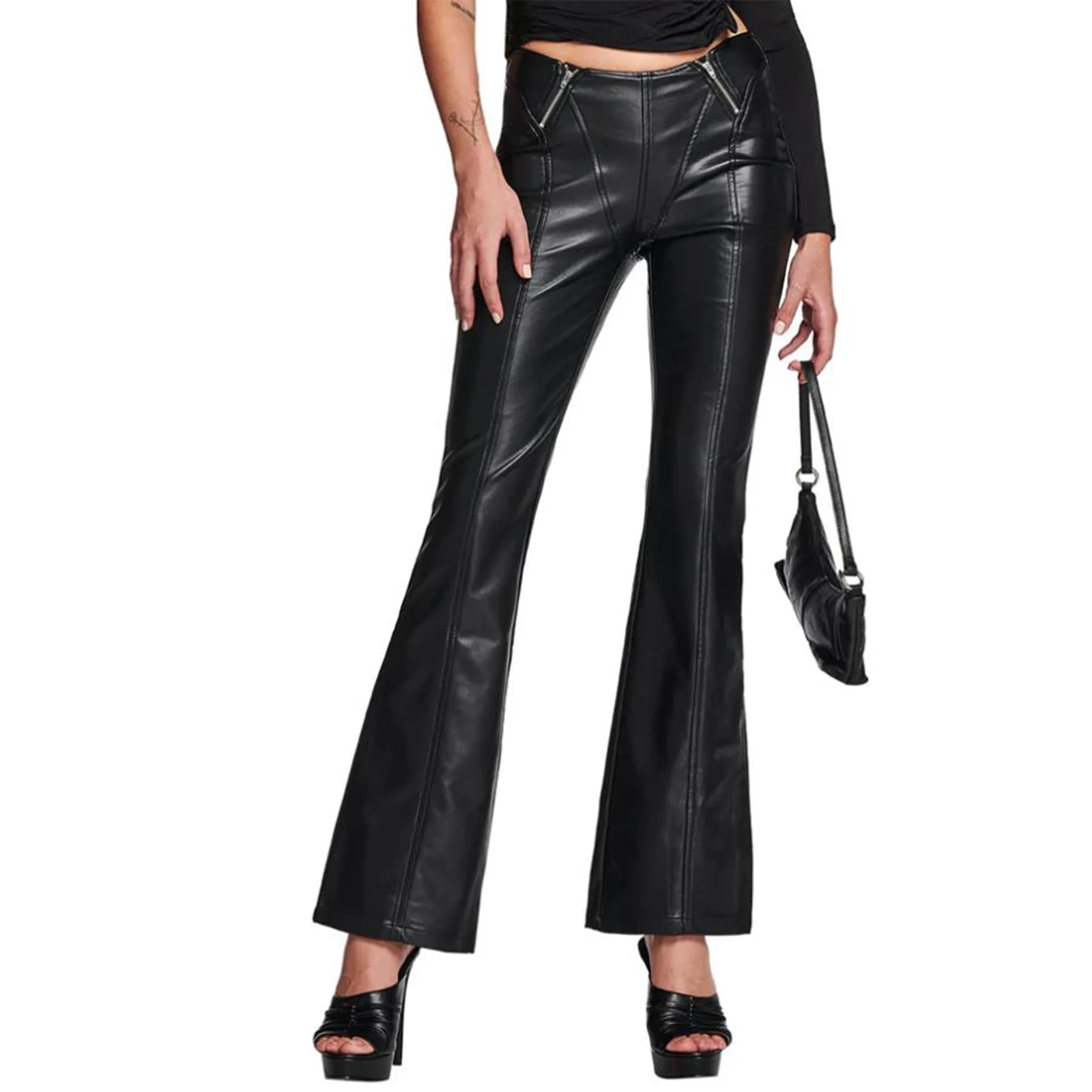 

Women's Fashion Wild PU Leather Pants Black Mid Waist Skinny Zipper Flared Pants Casual Trousers Streetwear
