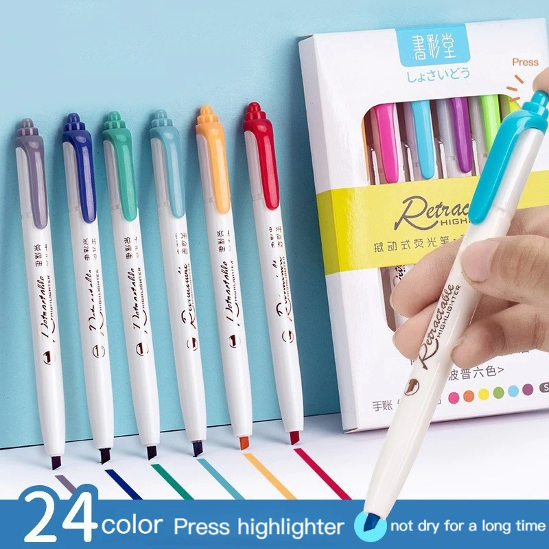 6 Colors Push Button Highlighter Pen Multicolor Kawaii Highlighter Anti ...