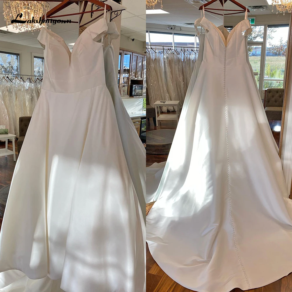 

Simple V Neck Off the Shoulder A Line Wedding Dress 2023 Boho Backless Button Bridal Gown Sweep Vestidos De Novia Robe De Mariée