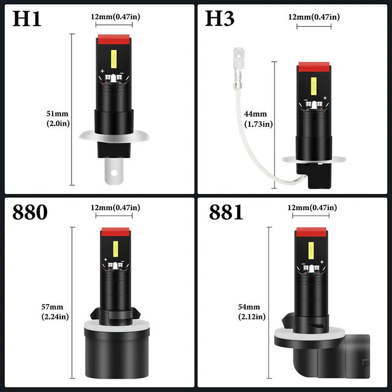 2개입 H1 LED 전구 H3 LED 램프 881 LED 초고휘도 자동차 안개등 주간 주행등 12V 6000K 백색 3500K 황금색 조명