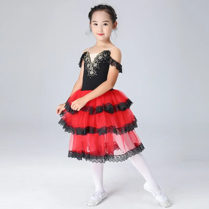 

Black Red Tulle Ballet tutu Costume Women Spanish Dress For Adult Girls Child Dancing Long Romantic Ballet Performance Costumes