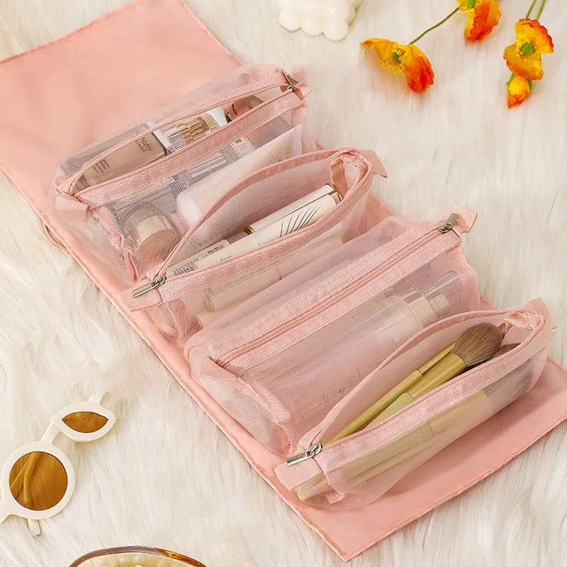 Detachable 4 in 1 Multifunctional Makeup Bag, Portable Mesh Toilet Bag, Foldable Travel Cosmetics Storage Bag