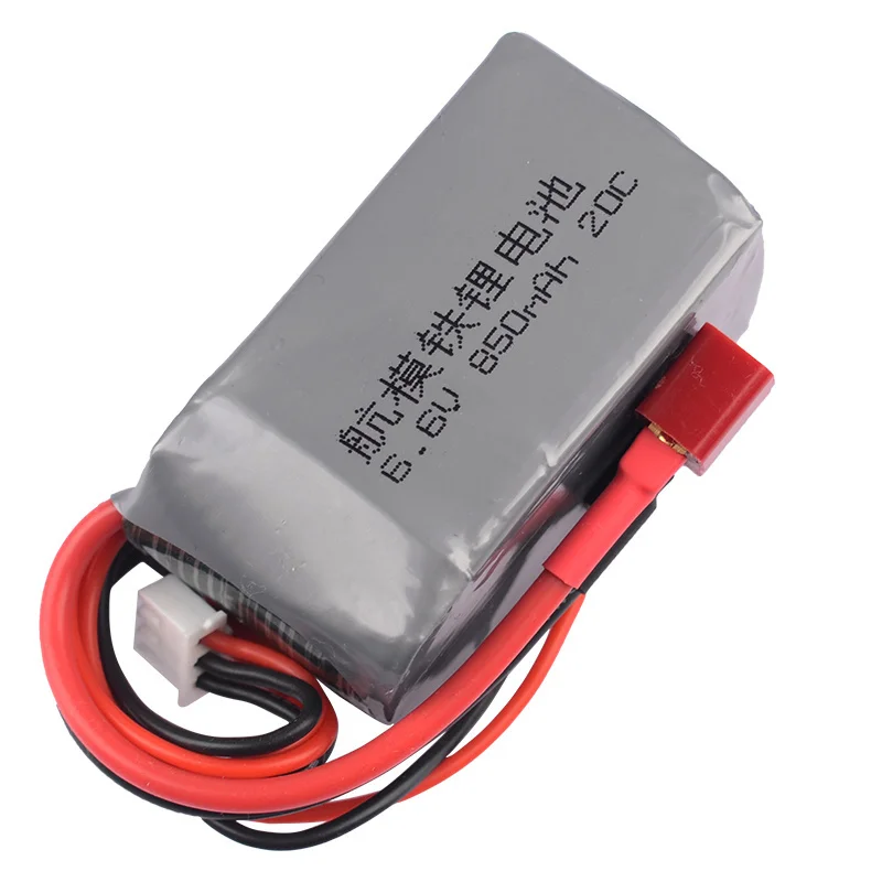 Batterie LiFePO4 6.6V 850mAh pour émetteur et récepteur de drone, connecteur JST et prise Futaba, vue de dessus.