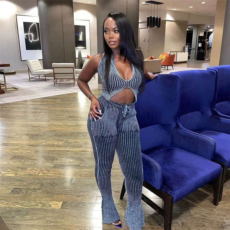 Blue Striped Women Casual Two Piece Set Crochet Halter Deepv-Neck Vest+Pocket Pants Skinny Stretch Matching Outfits [fila]4way stretch pants