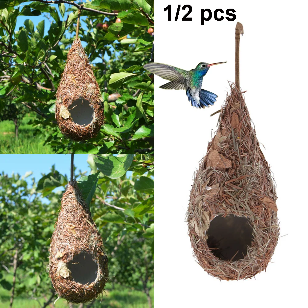 Bird House 1/2PCS Bird House Natural Grass Hummingbird Bird Nest Fiber Hand-Woven Roosting Nest Hut for Yard Decoration