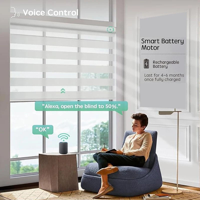 Motorized Window Blinds Smart Zebra Roller Blinds Light Filtering Shades Battery Powered Electric