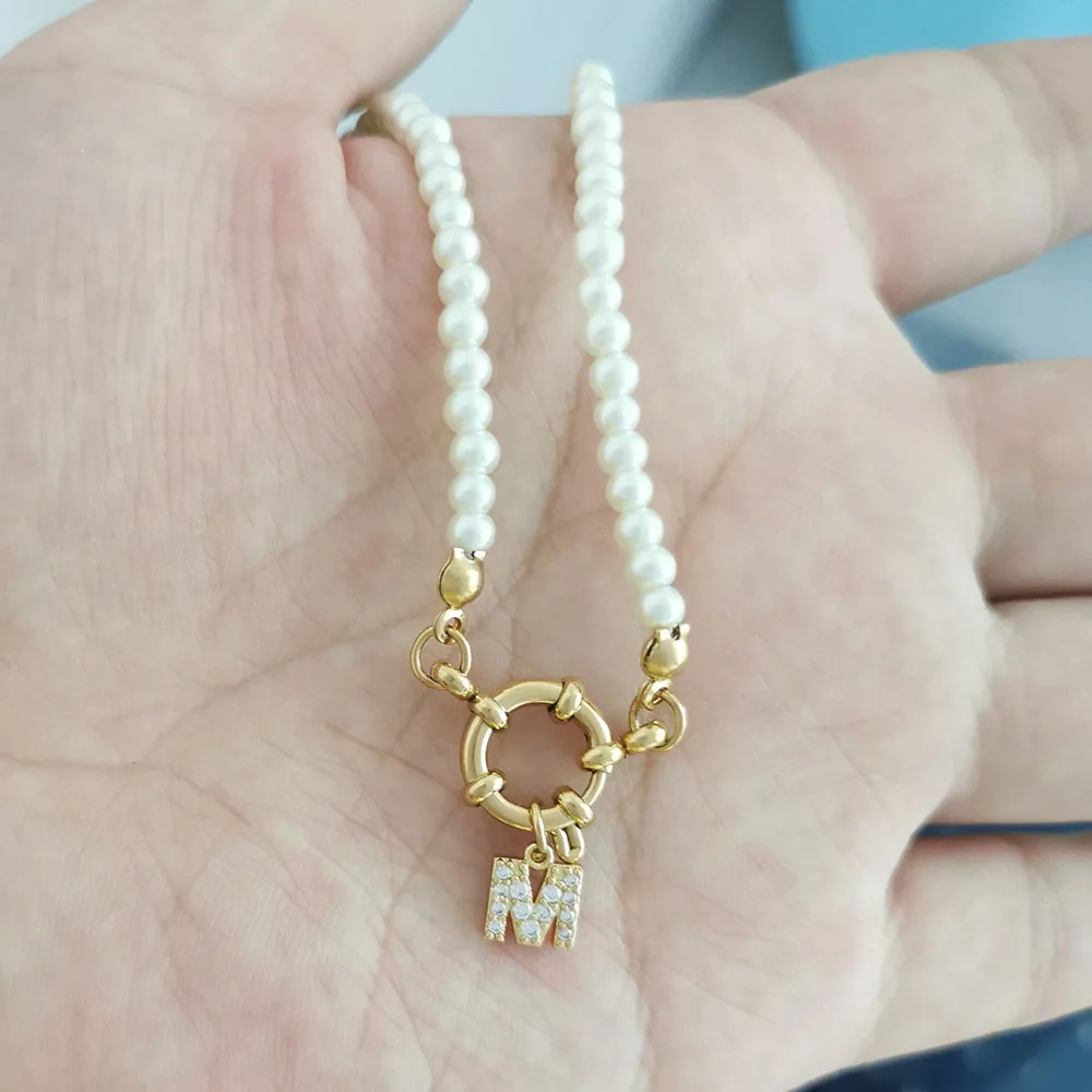 QMHJE Initial Charm Letters Imitation Pearl Necklace Women Men