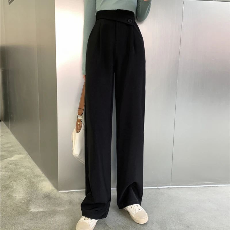 Women High Street Fashion Button Office Pants 2024 Spring New Casual Wide Leg Solid Color Ladies Long Pants Elegant Trousers Pop