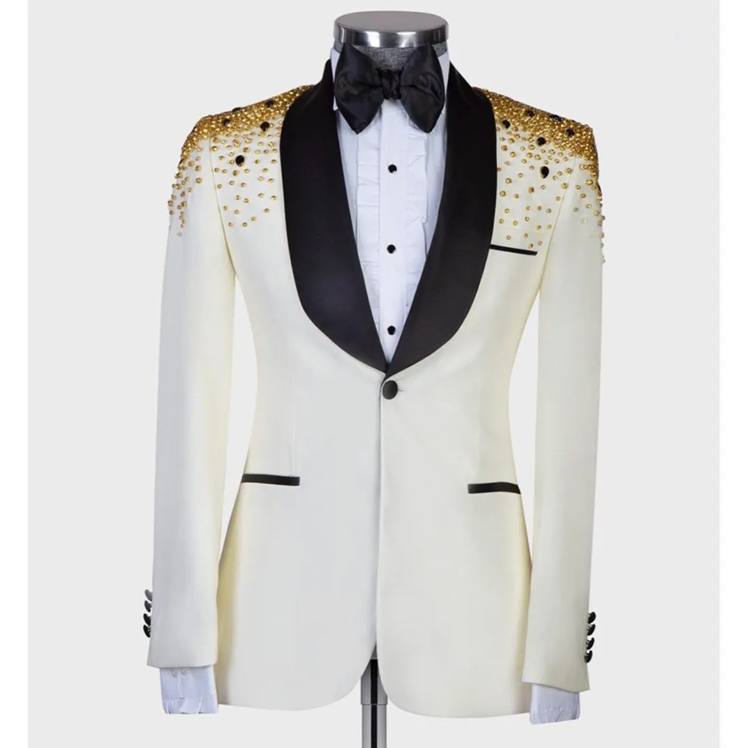 

Luxury Men's Suits Tailored 2 Pieces Blazer Pants One Button Sheer Satin Lapel Formal Beads Diamonds Slim Custom Made Plus Size