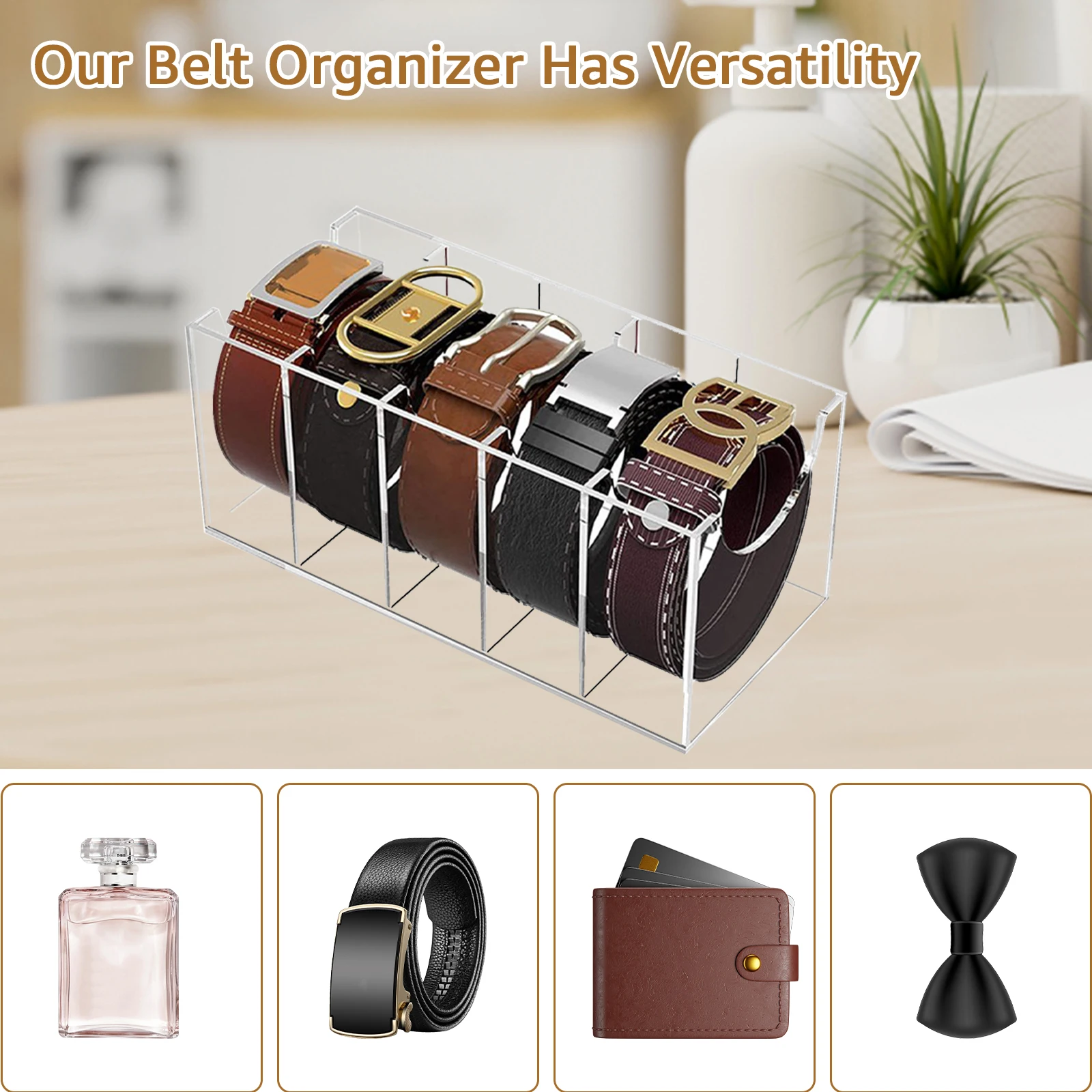 5 Grid Belt Organizer Box Transparent Acrylic Belt Display Case for Tie Bow Tie Women Men Belt Holder 6