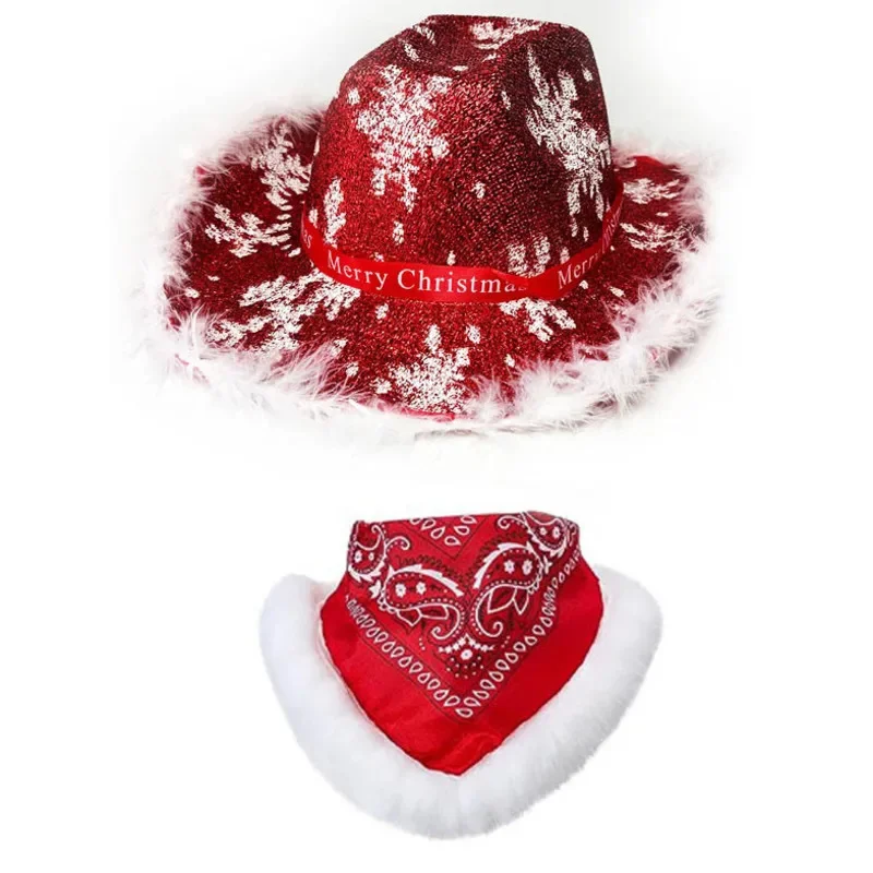 Christmas Cowboy Hat Sequined Furred Scarf Red Cowboy Hat Santa Furred Sequined Snowflake Christmas Party