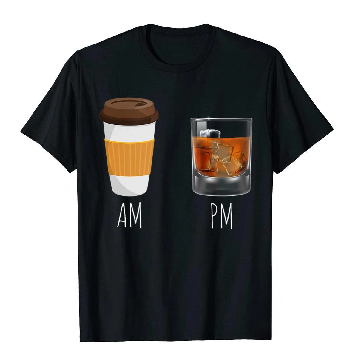 

Men's and women's T-shirt, Coffee print, Whiskey In The Evening Latte AM Whiskey PM, Hip Hop style fashion trend short sleeve to