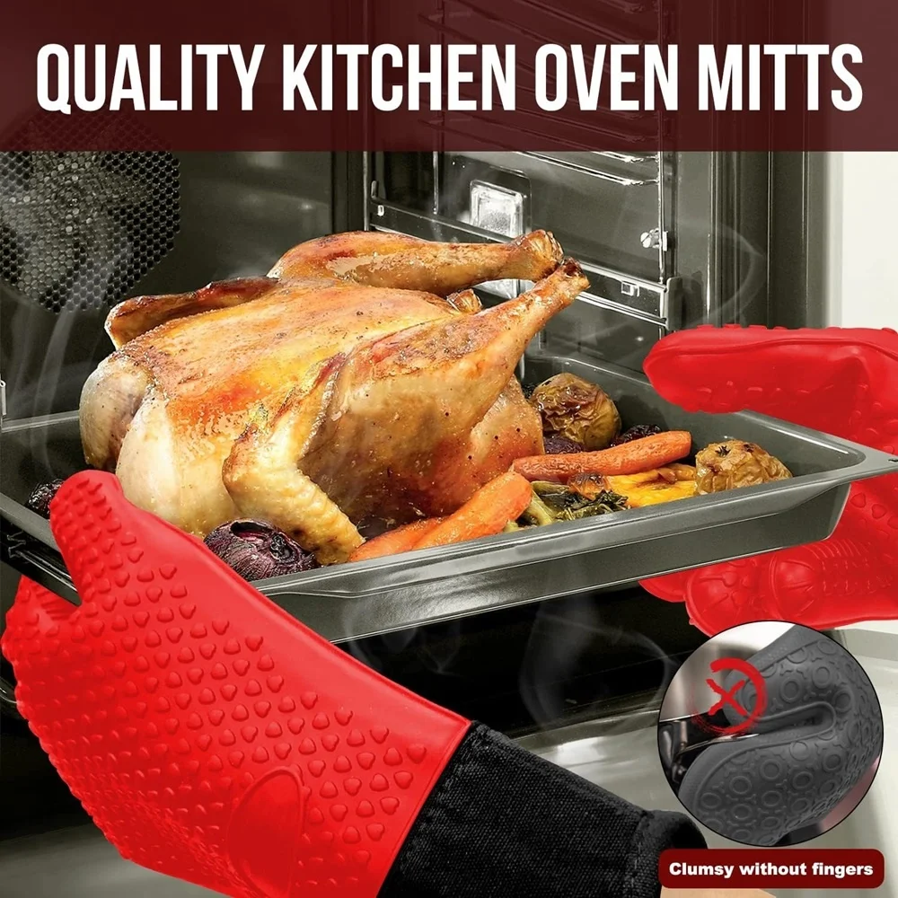 Long Thick Silicone Gloves Heat-resistant Non-slip Microwave Oven Mitts Kitchen BBQ Baking Cooking Canvas Stitching Oven Gloves silicone oven mitts kitchen gloves silicone oven gloves