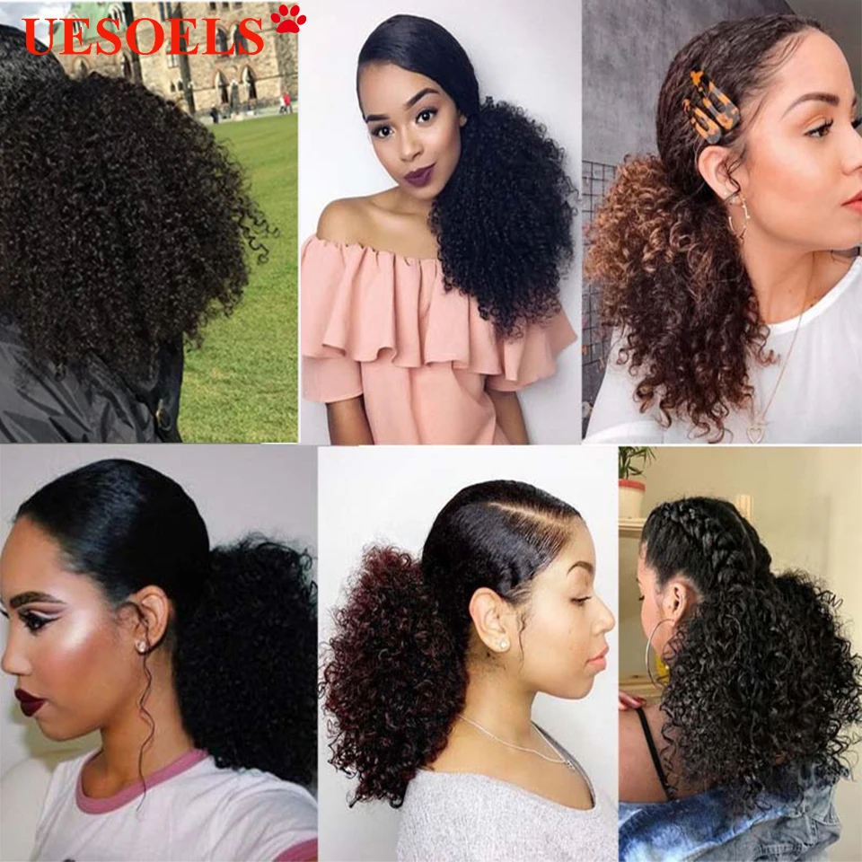 Human Hair Extensions Draw String Ponytails Jerry Afro Kinky Curly Virgin  Human Hair Clip In Ponytail Extension for Black Women