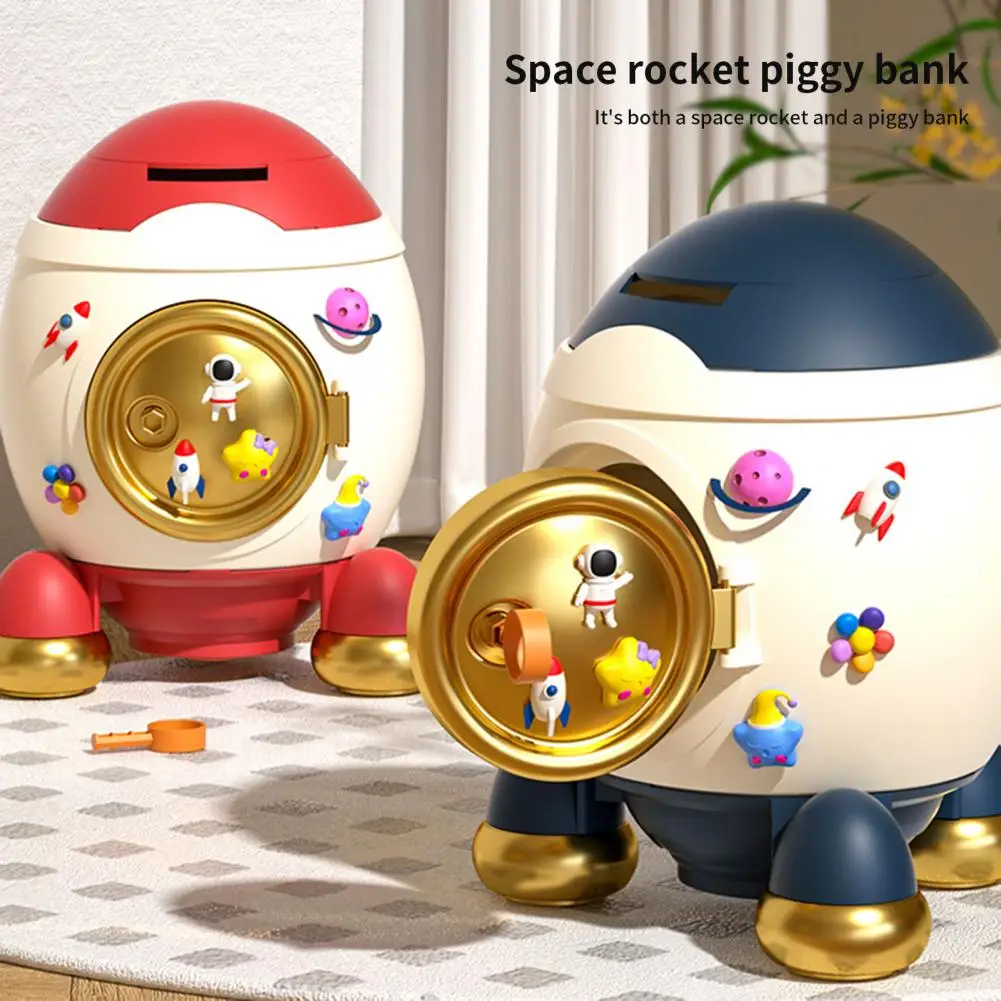 1 Set Money Bank Large Capacity Cartoon Sticker Money Saving Key Unlock Kids Piggy Bank Rocket Shape Money Holder Home Supplies 2