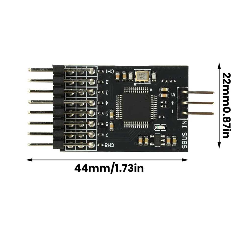Convertisseur SBUS vers PWM 8 canaux alimenté en 3.3-16V, câblé à un récepteur RC avec servos