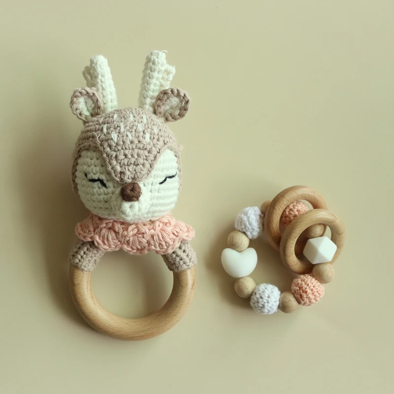 Baby Toys 3-in-1 Teething Toy for Baby Crochet Rabbit Dummy Chain Handbell Rattle Crib Pendant