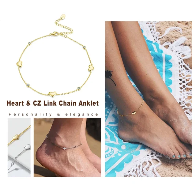 Real 925 Silver Anklets with Romantic Love Heart Adjustable Anklet Summer Beach Foot for Women Girls Jewelry