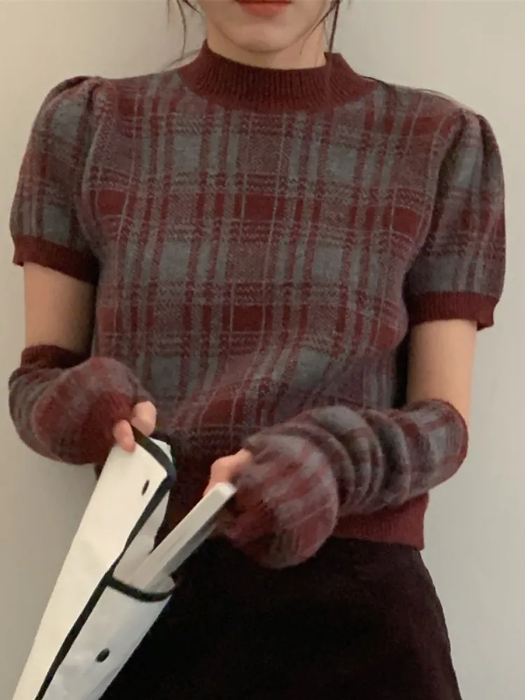 Chic Winter Anti-Aging round Ne Color Blo Plaid Casual Versatile ort Sve Sweater Women's Sve Set Commute Sle Re...