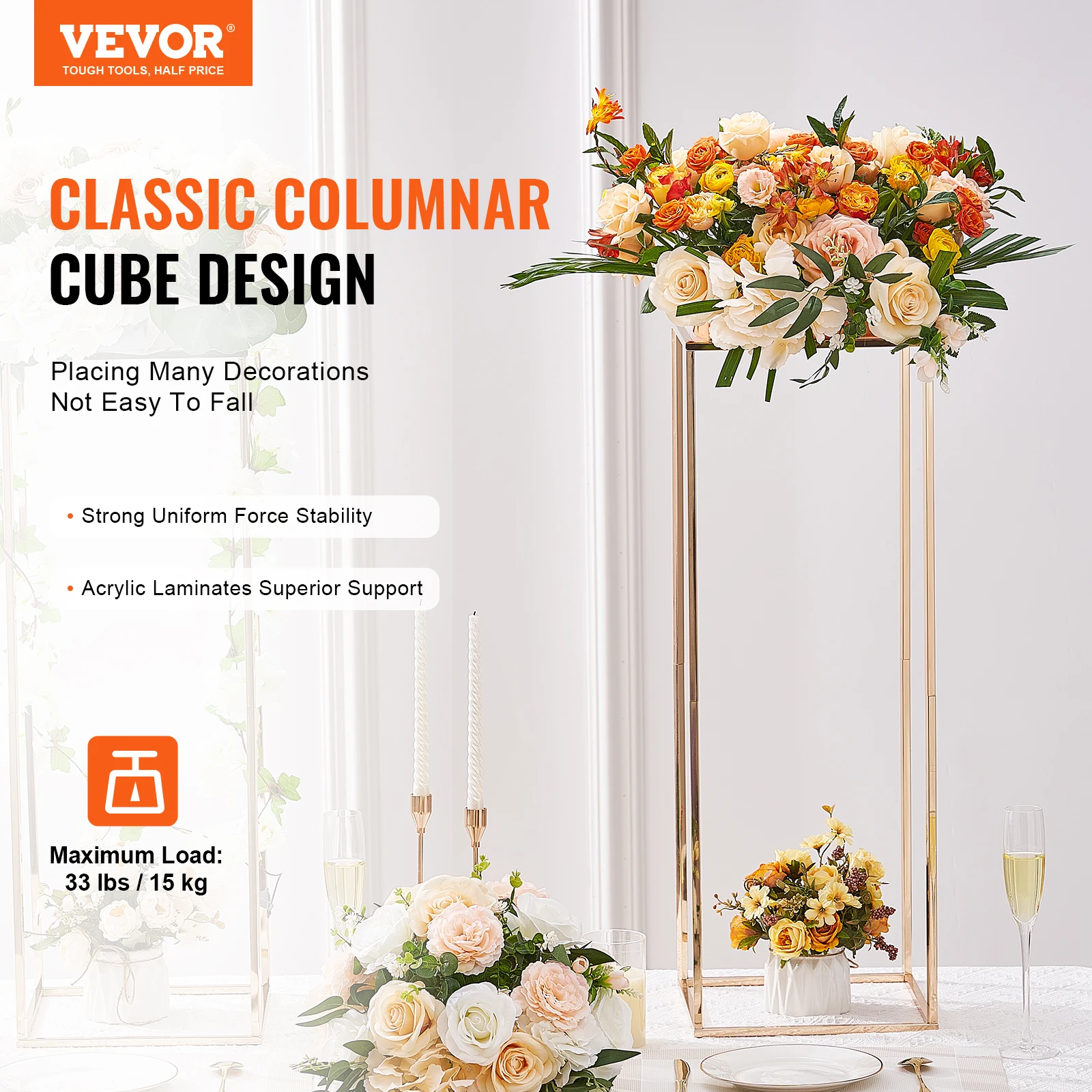 2PCS 31.5inch High Wedding Flower Stand with Acrylic Laminate Metal Vase Column Geometric Centerpiece Stands Rectangular wedding flower stand