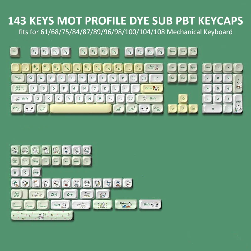 143 Keys Dye Sublimation PBT Keycaps Green Cute Dog Themed MOT Profile Keycap for Gateron Cherry MX Switches Mechanical Keyboard