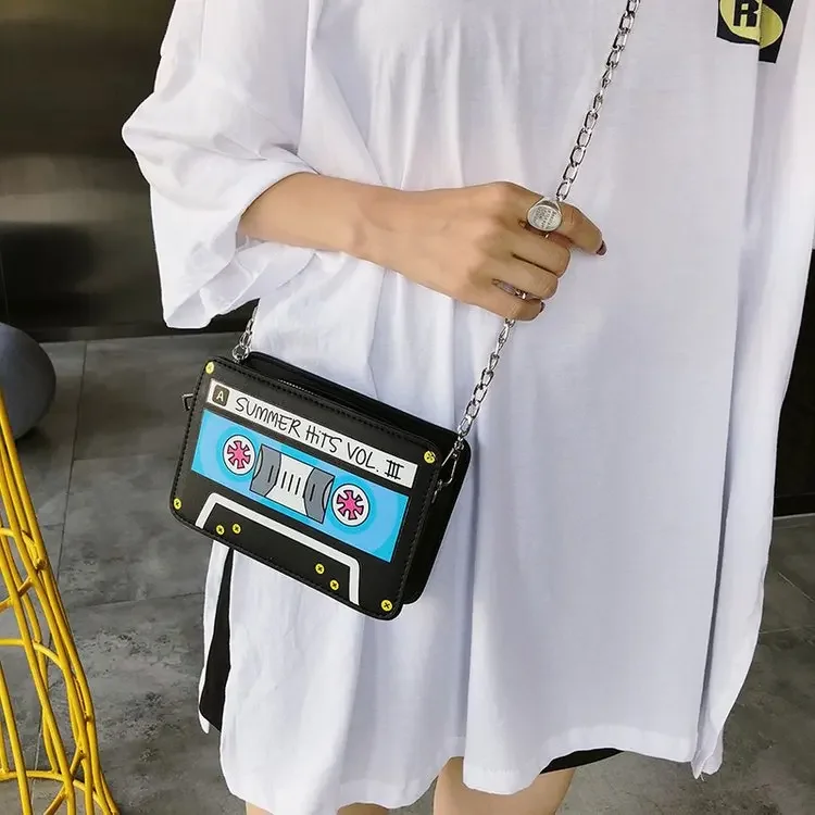 Women's Shoulder Bag Tape Recorder Cute Cartoon Pu Leather Chain Crossbody Bag Day Clutches leather handbag,crossbody bags,women handbags