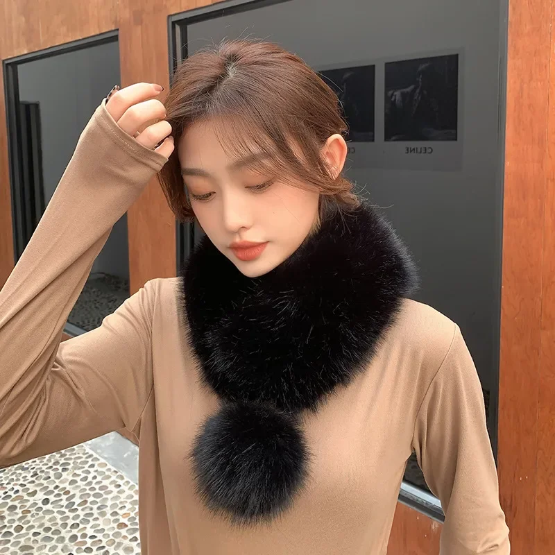 New Women Fur Winter Scarf Short Thick Plush Fluffy Cute Scarf with Big Pompom Winter Fur Collar Solid Color Neckerchief 6