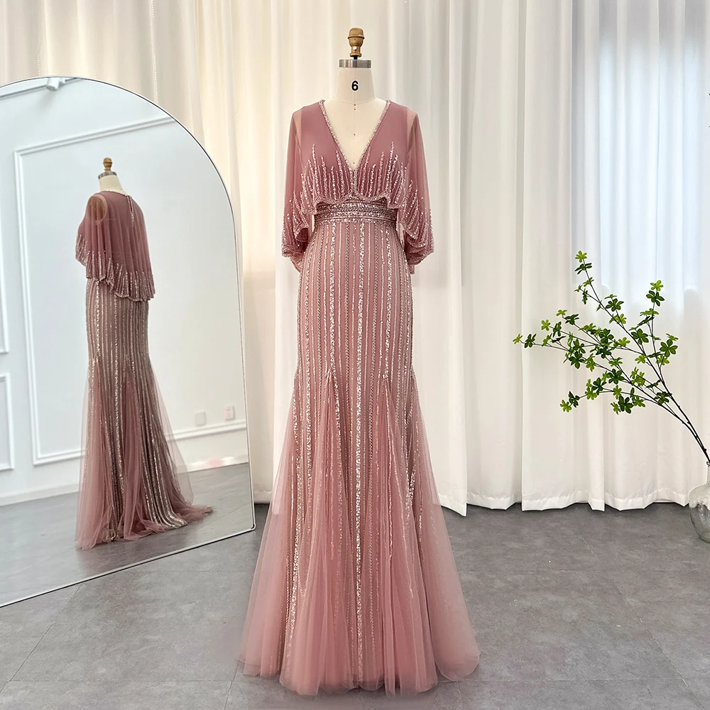 329374-4a3124.jpg Sea072e4f26114e98ac2731bd97d5e9a0l Luxury Pink Mermaid Dubai Evening Dresses with Cape, Elegant V-Neck Arabic Women Wedding Formal Party Gown Mallzona