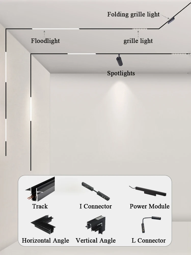 15mm Width LED Magnetic Track Light Grille Flood Lamp Modern Embedded Flexible Linear Fixture LED Spotlight DC48V Ceiling Indoor 5
