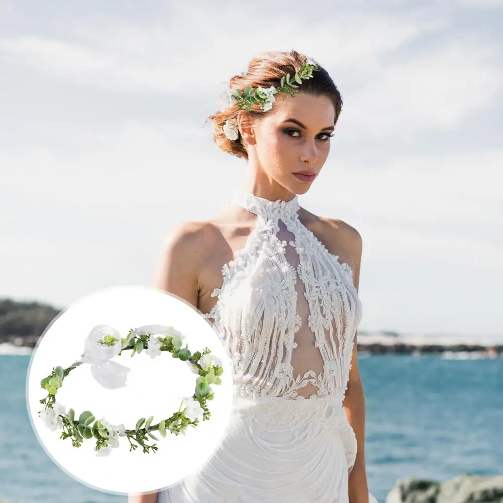 Women Hair Wreath Adjustable Size Hair Wreath Bohemian Eucalyptus Mesh Bridal Flower Crown for Wedding Birthday Festival Green
