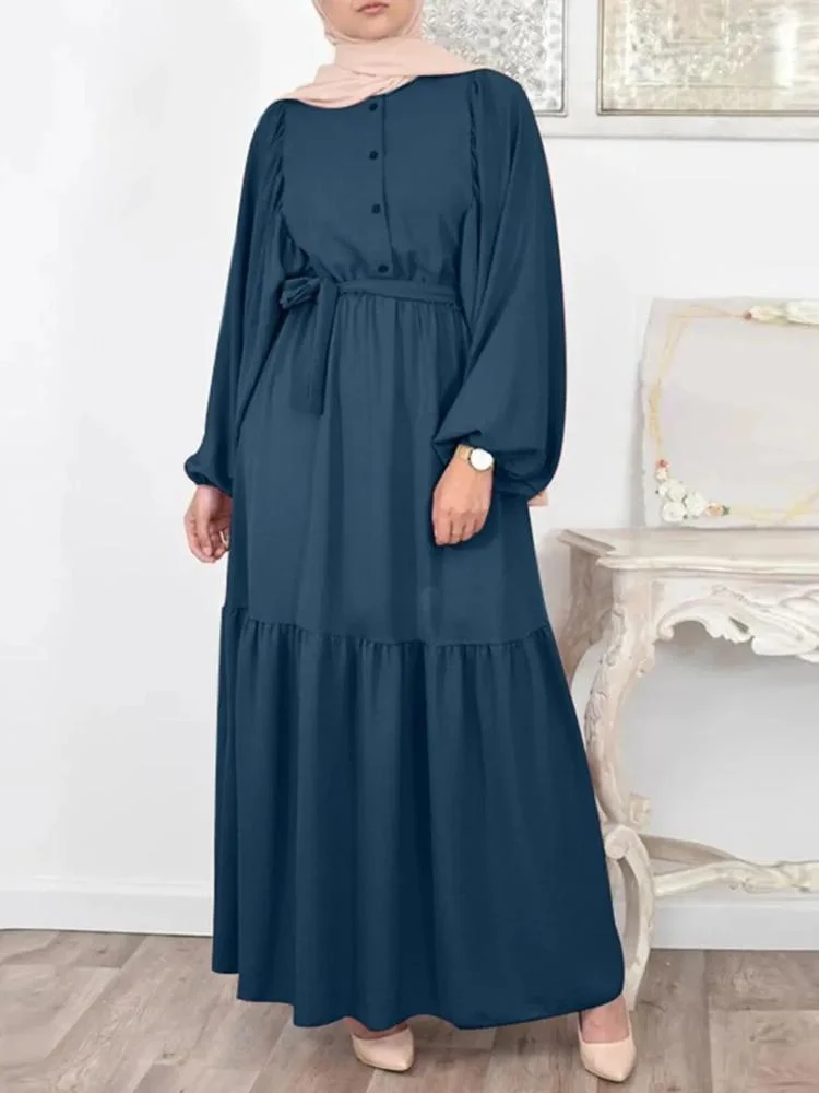 Elegant Muslim Maxi Dress with Belt and Ruffles
