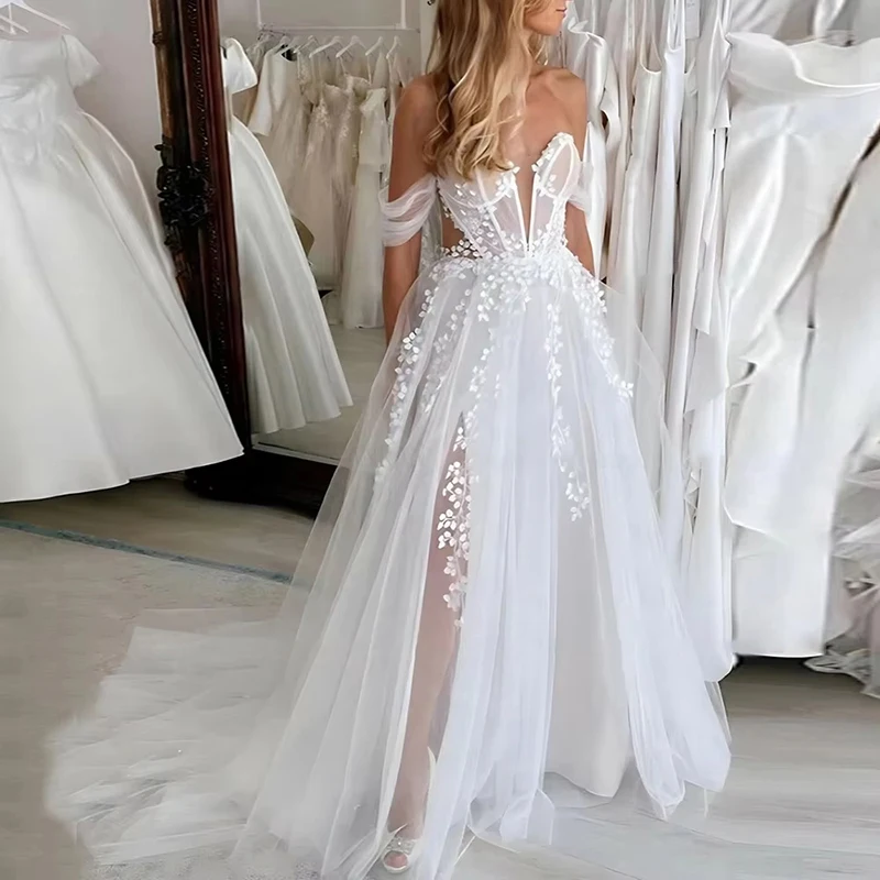 A-Line Off Shoulder Applique Tulle Beach Boho Wedding Dress with High Side Slit