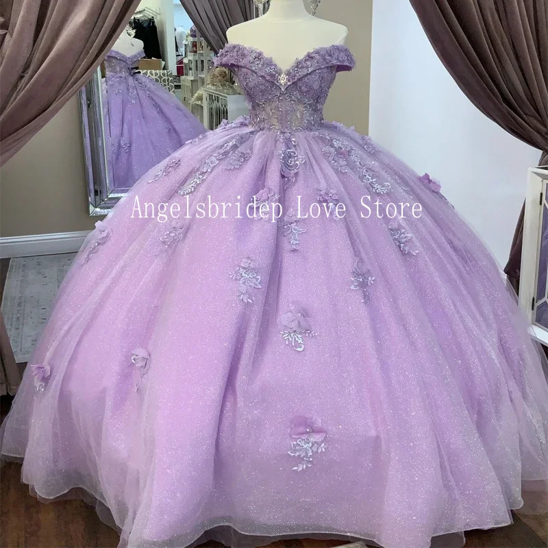 

Angelsbridep блестящее сиреневое бальное платье, платья для Quinceanera 2024, 3D цветочное Бисероплетение, платье принцессы на день рождения 15 лет