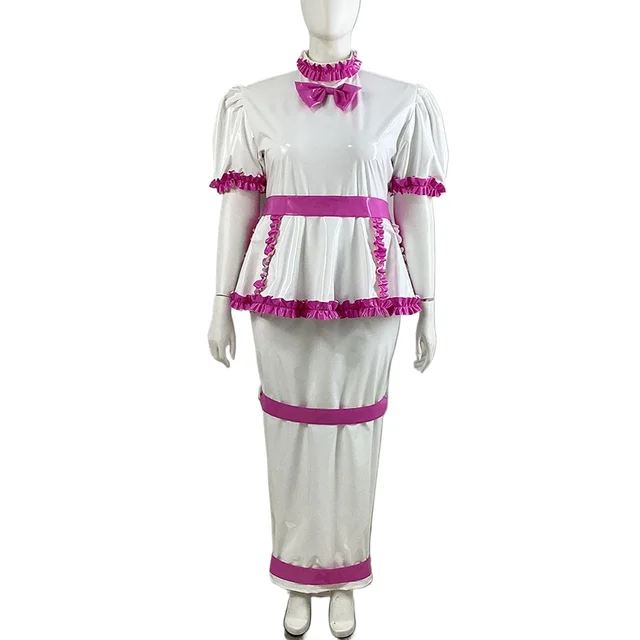 Wetlook PVC Puff Sleeve Long Hobble Dress with Lock 1