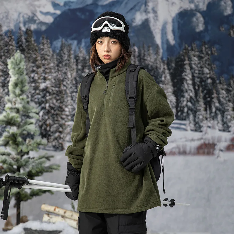 Warm Solid Fleece Ski Outdoor T-Shirt High Neck Pullover Sweater Loose Tops Men Winter Zipper Bottom Shirt Body Shirt Velvet