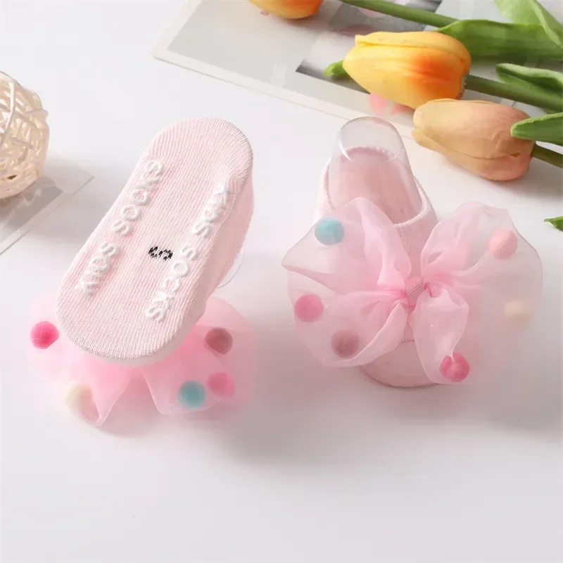 Korean Baby Pompom Gauze Socks with Bow for Girls Rubber Anti-slip Newborn Infant Princess Socks Little Girl Socks 0-3 Years Old 4