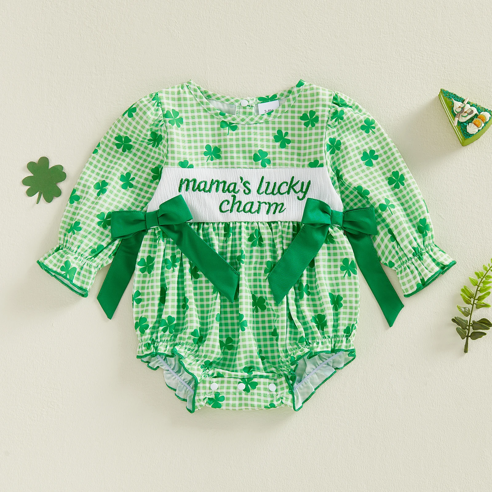 Stylish Baby Girl Plaid Romper with Long Sleeves Crew Neck Embroidered Letters Shamrock Print and Bow Detail - Adorable