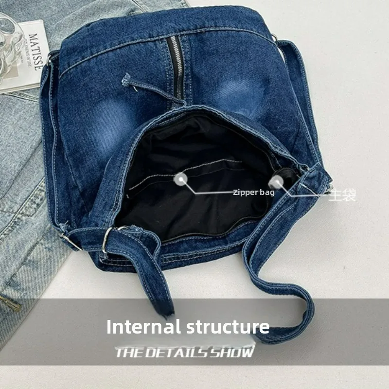 Zaino in Denim alla Moda per Donne, Borsa Multifunzionale a Tracolla di Grande Capacità, Comoda e Versatile Borsa a Secchiello Primaverile - immagine 5