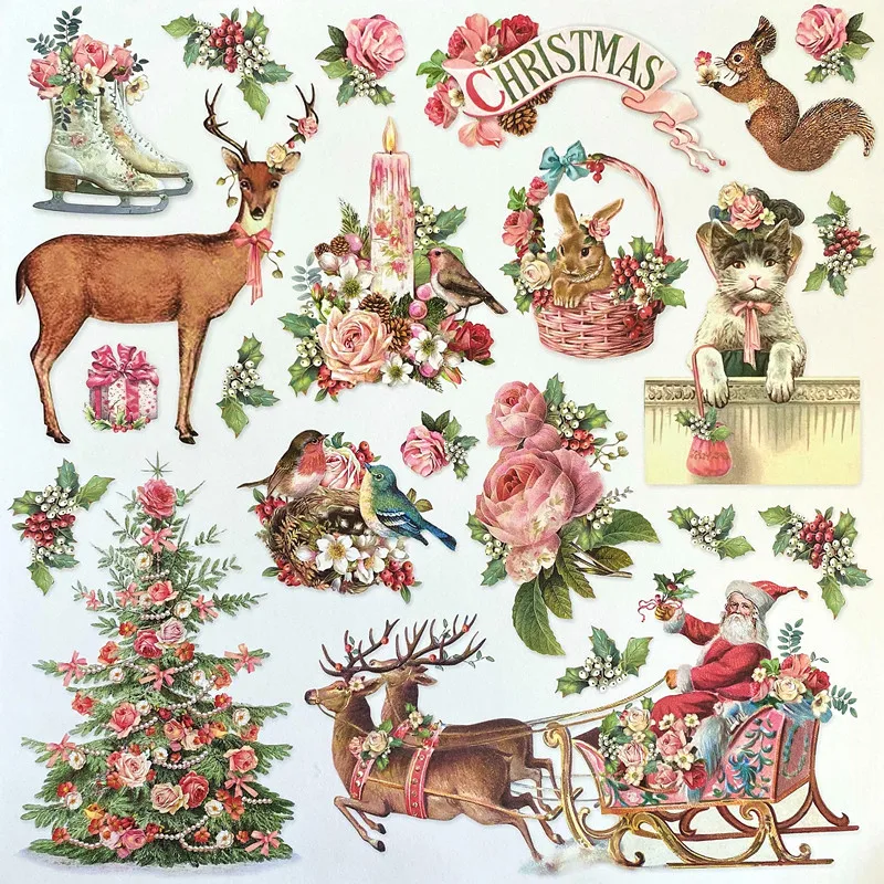 Retro Pink Rose Christmas Stickers for DIY Scrapbooking Diary Photo Album Junk Journal Happy Planner Decorative Tag Gift Sticker