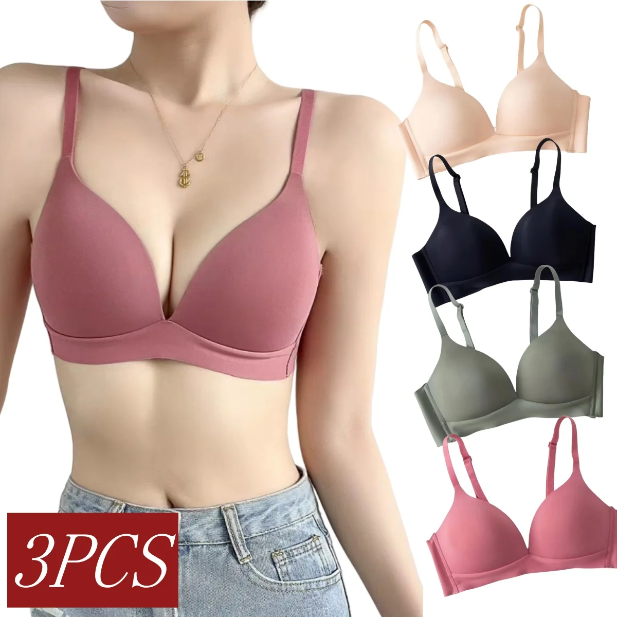 Seamless Bras Women Non-wire Push Up Bra Without Steel Ring 3/4 Cup Comfort Lingerie 3Pcs/Set