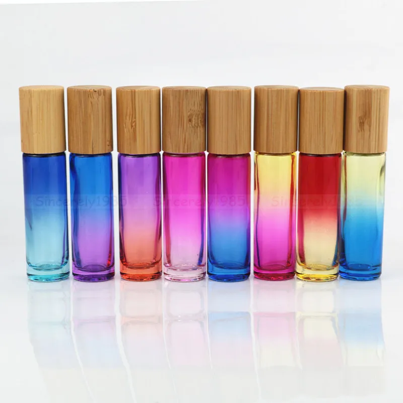 

8X Natural Bamboo Lid/Cap Gradient 5ML 10ML Glass Roll On Bottles Essential Oil Roller Ball Aromatherapy Massage Mini Portable